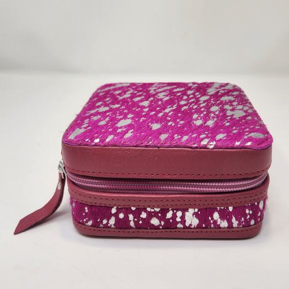 Western Linens Cowhide Leather Square Jewelry Case Box Pink Metallic Silver - Picture 3 of 7